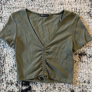 Zara Khaki Ruched V-Neck Crop‎ Top